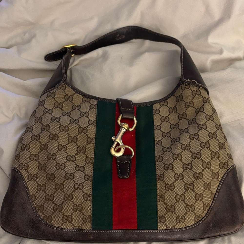 Gucci Brown GG Canvas Shoulder Bag with Green & Red Web Stripe